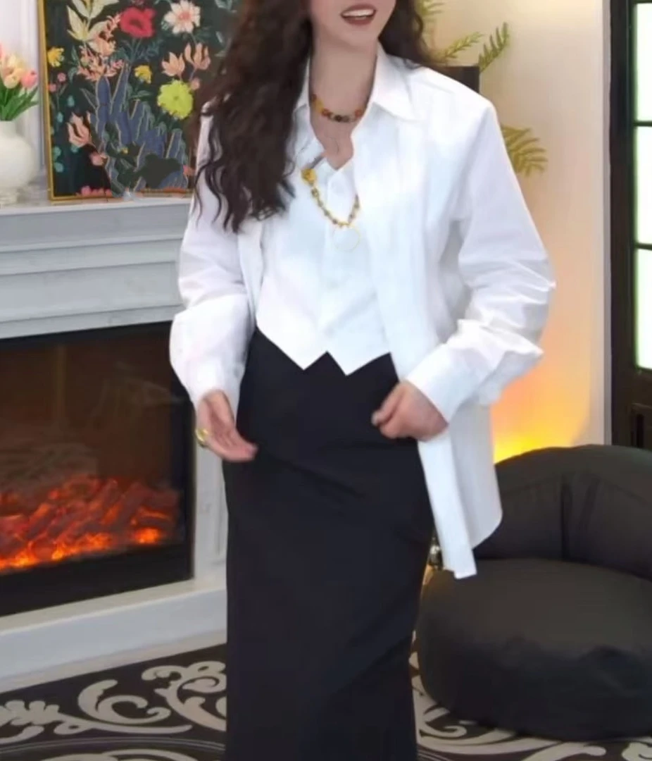 奇奇家时尚韩版大码2025秋季新款设计感帅气假两件中长款衬衫