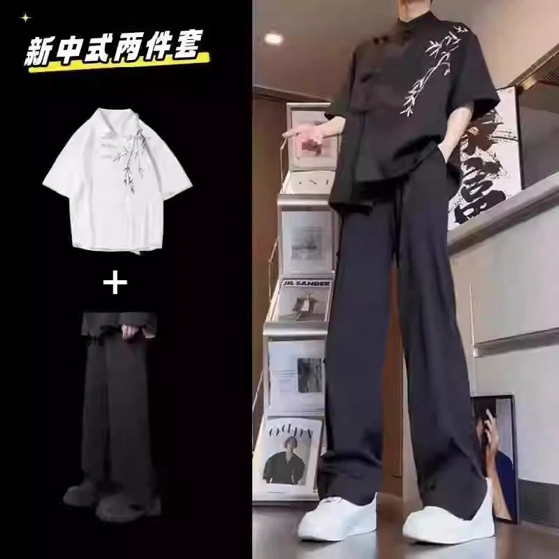 DIIIVERGOM衬衣禅意男装国风套装刺绣夏季冰丝休闲新中式薄款