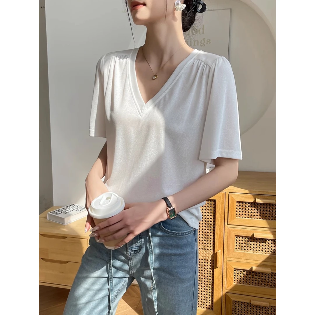 白色v领短袖女t恤2025新款打底内搭宽松休闲独特锁骨别致上衣夏季
