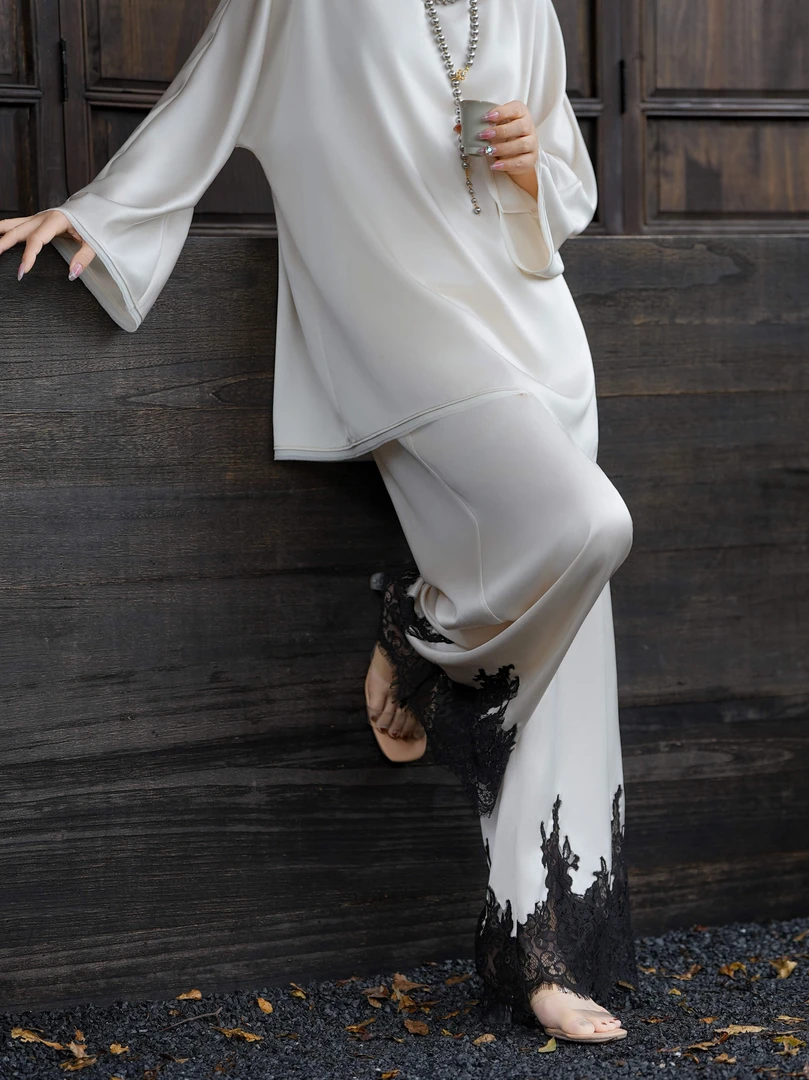 爱妃原创【新品】新中式宽松阔腿蕾丝边设计感裤子87052