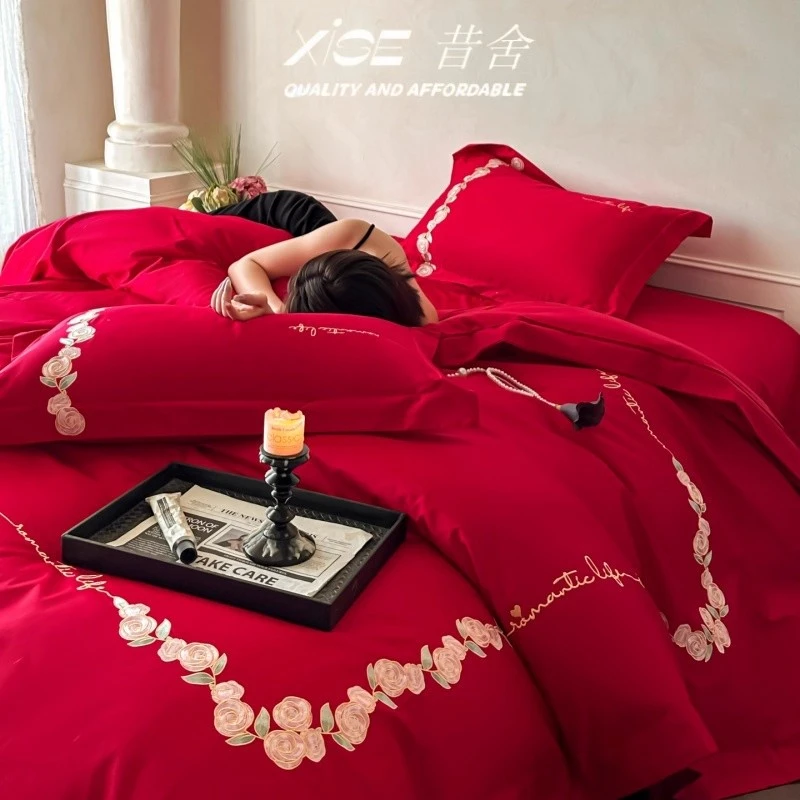 浪漫婚庆100S长绒棉四件套大红喜庆刺绣被套全棉结婚新婚床上用品