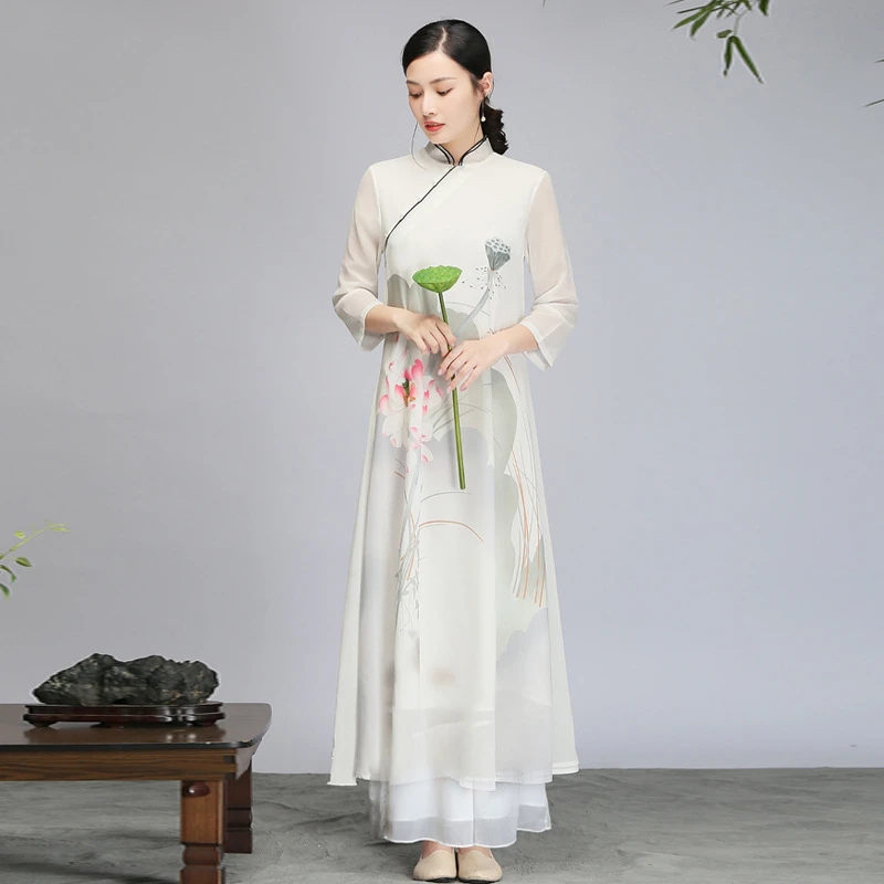 中国风秋夏季新式旗袍改良雪纺连衣裙茶服禅意采耳师雪纺中式长裙