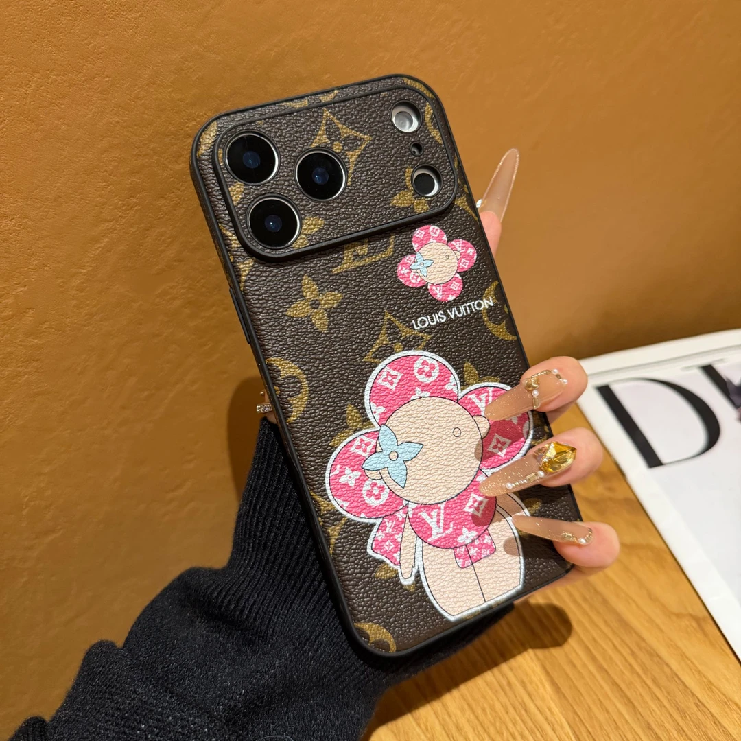 苹果17promax手机壳16新款粉色公仔太阳花皮质老花15适用14潮牌13