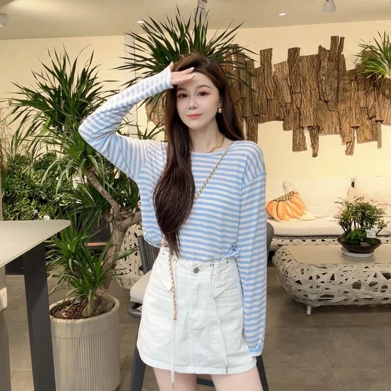 长袖圆领防晒拼接少女风蕾丝T恤针织条纹宽松百搭内搭时尚