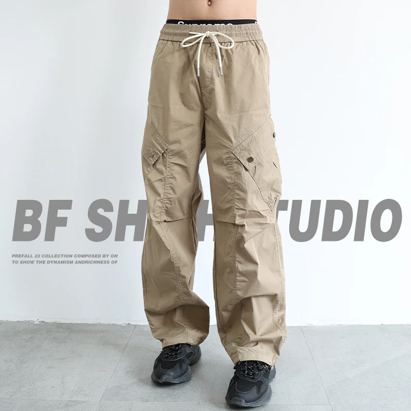 美式工装裤男夏季薄款宽松直筒户外口袋潮牌褶皱机能休闲伞兵裤子