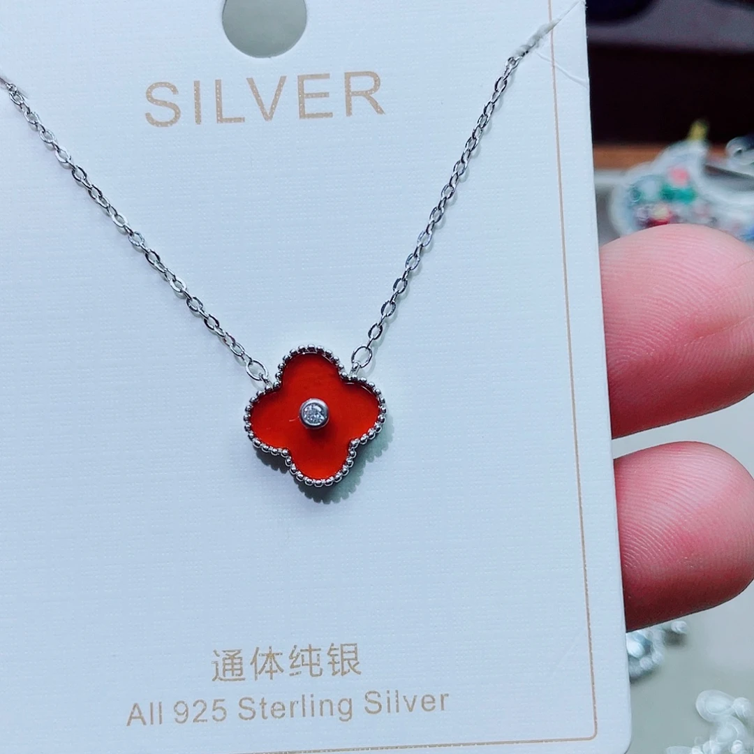 吊坠925银锆石红色钻四叶草套链