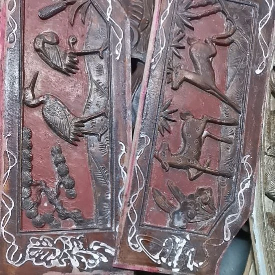 艺***辉香榧木老木雕花版一对