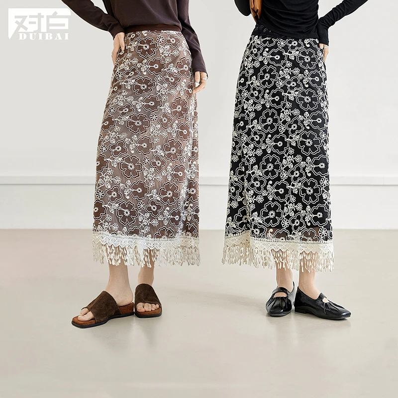 【对白】D01对白民族风绣花流苏网纱半身裙女小众直筒裙FDS148