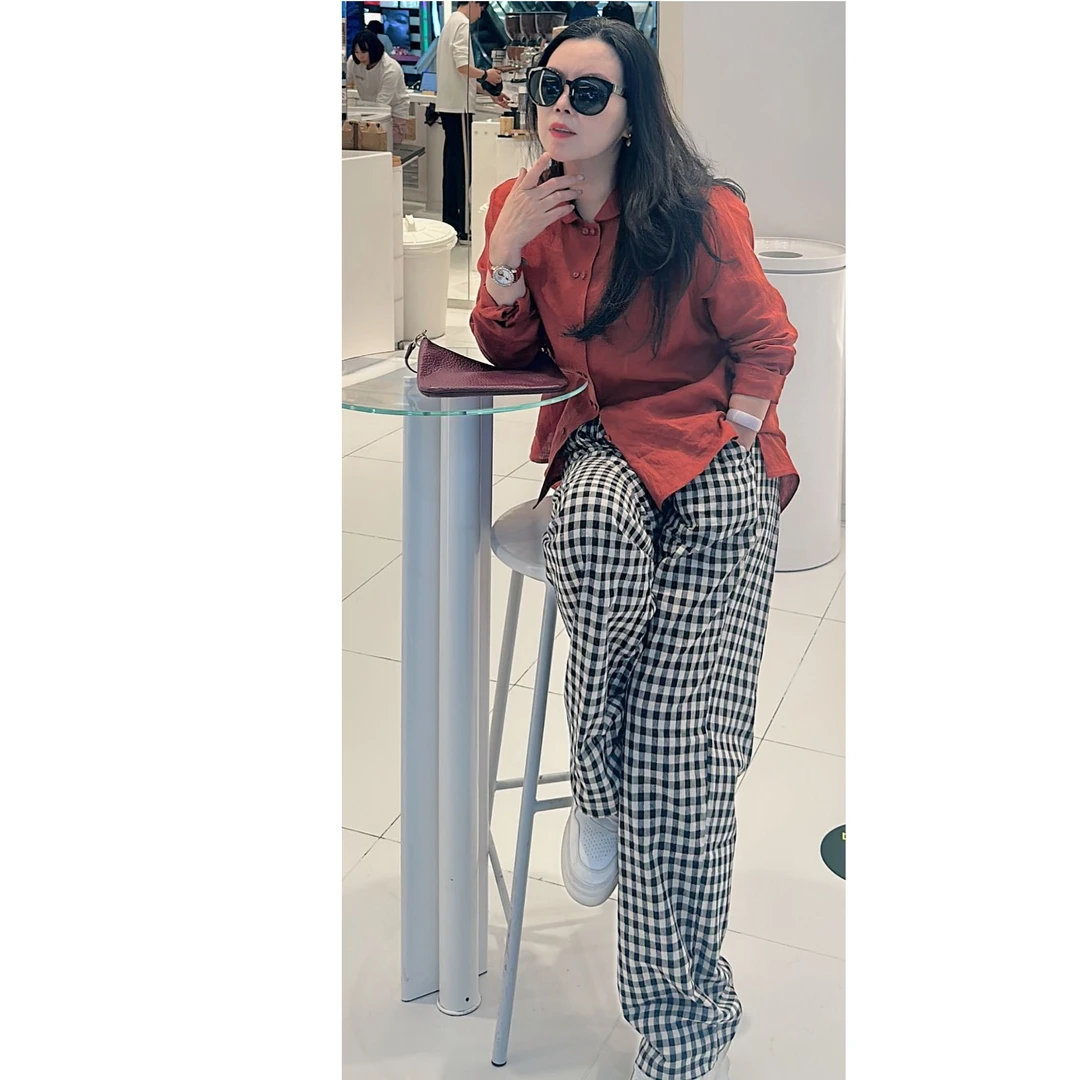 rudao/汝道休闲格子百搭时尚棉麻直筒裤休闲裤女裤