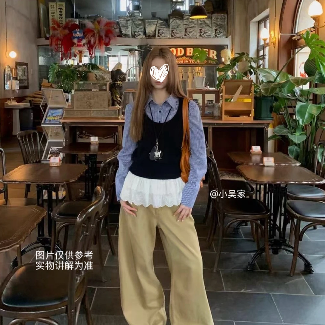 「小吴家」2025女秋新款法式上衣格子假两件蕾丝长袖衬衣马甲两件套