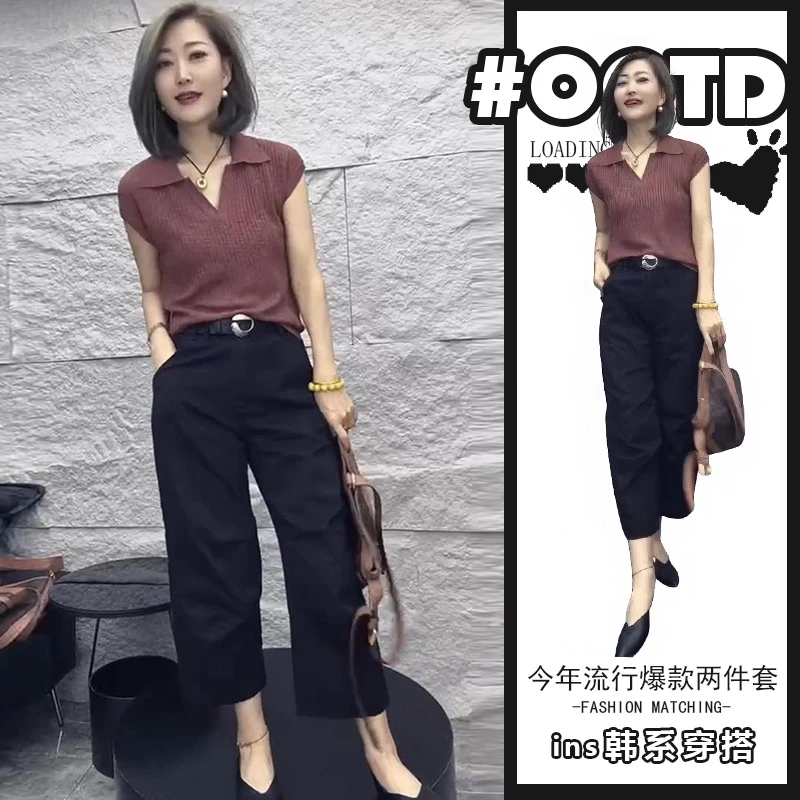 设计感小众翻领短袖针织衫女2025夏季新款法式显瘦休闲裤两件套装