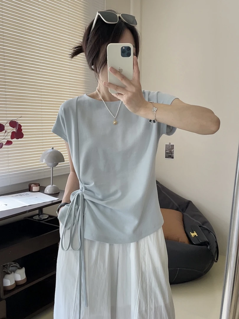 【留白空间】韩版气质时尚百搭透气薄款拼接设计款时尚纯色短袖T