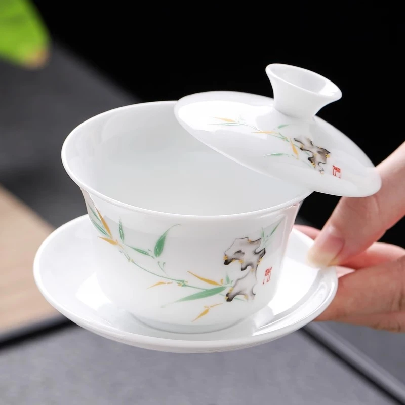 德化汉白白瓷悬停三才盖碗茶杯单个高档泡茶碗陶瓷羊脂玉功夫茶具