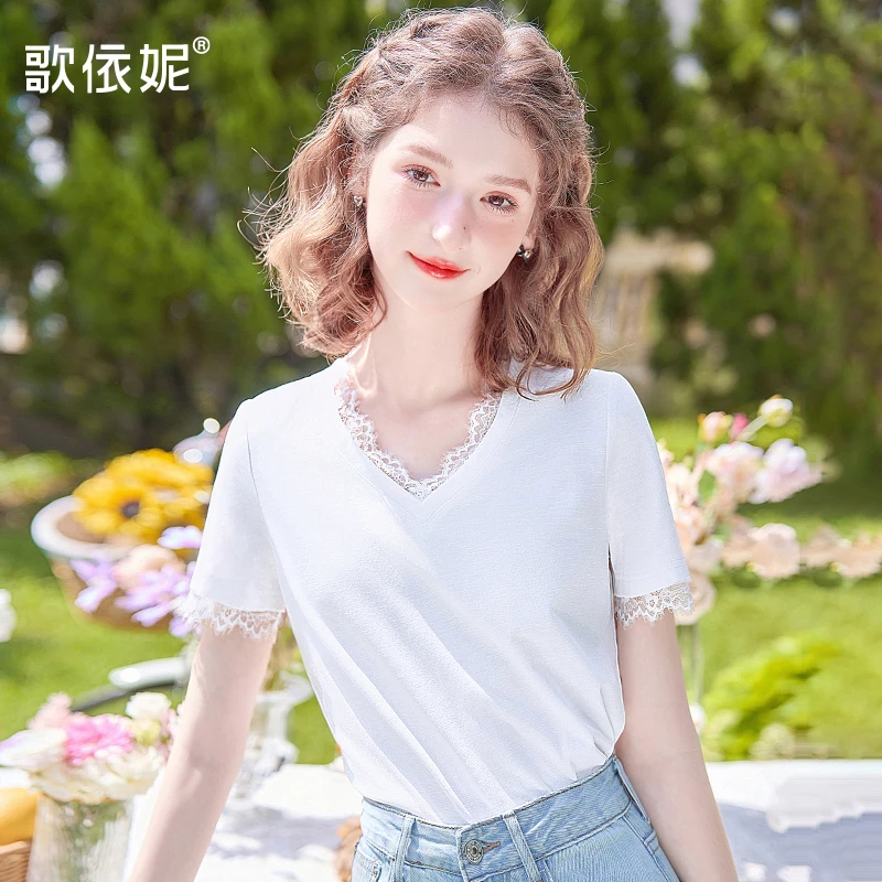 歌依妮秋天新款女甜美V领蕾丝白色纯色休闲百搭打底衫短袖T恤上衣