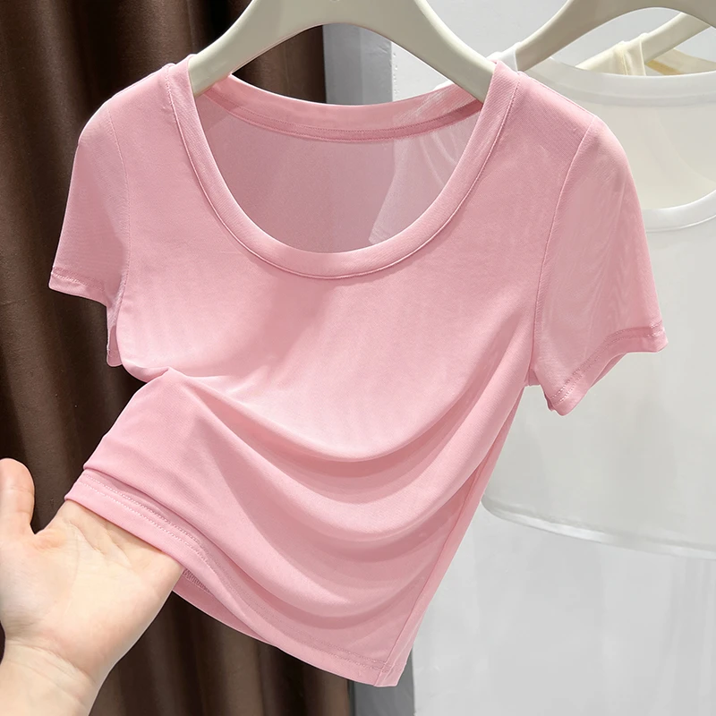 薄纱T恤女冰丝凉感透明短袖新款圆领正肩显瘦网纱上衣短版