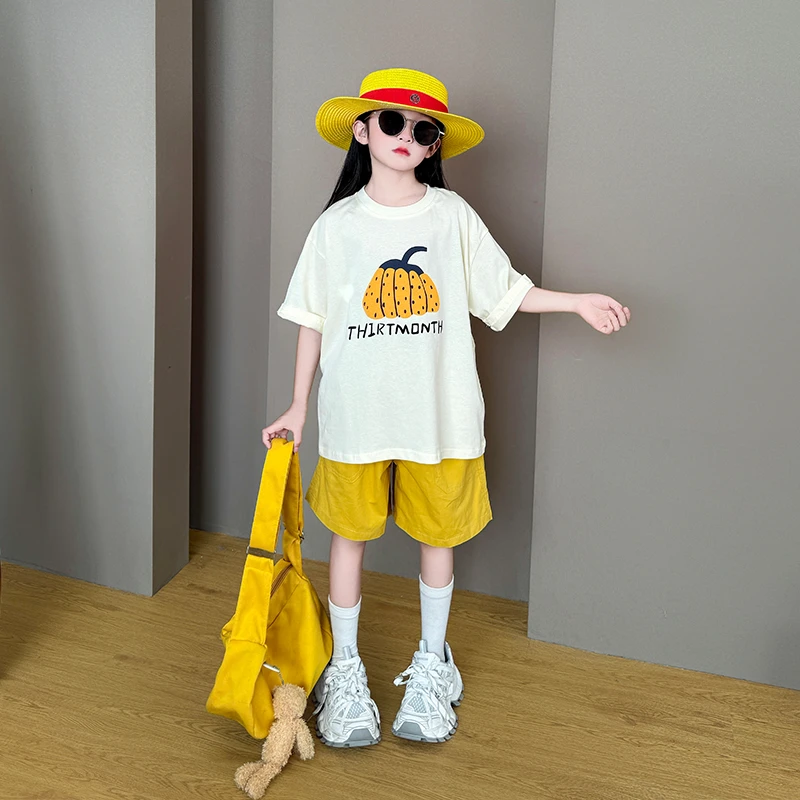 女童套装2025新款洋气大童多巴胺儿童夏装休闲短袖T恤短裤两件套