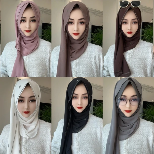 B高端格陵烫钻雪纺拼接绕巾（配盒针）