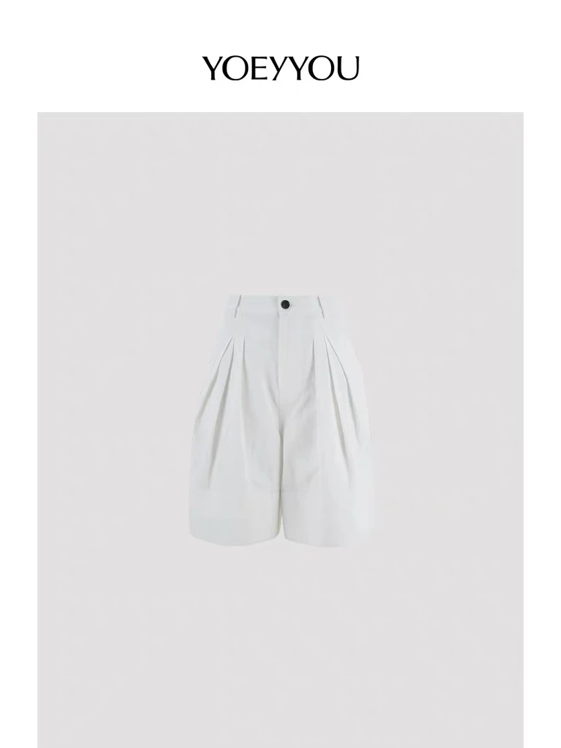 YOEYYOU大量感短裤2025春夏新款茧型压褶宽松显瘦百搭白色休闲裤