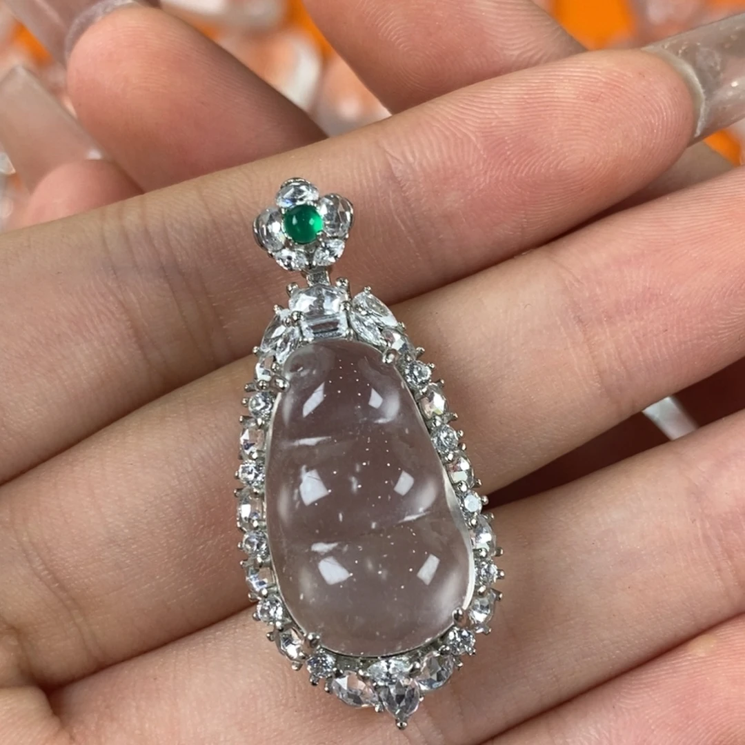 银S925镀金镶嵌吊坠石英质玉