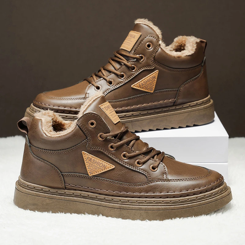 休闲皮鞋厚款保暖马丁靴加厚雪地靴男士高帮鞋加绒系带冬季爸爸鞋