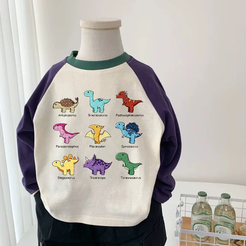 儿童插肩袖纯棉男女童休闲长袖卡通恐龙宽松t恤打底衫宝宝上秋衣T