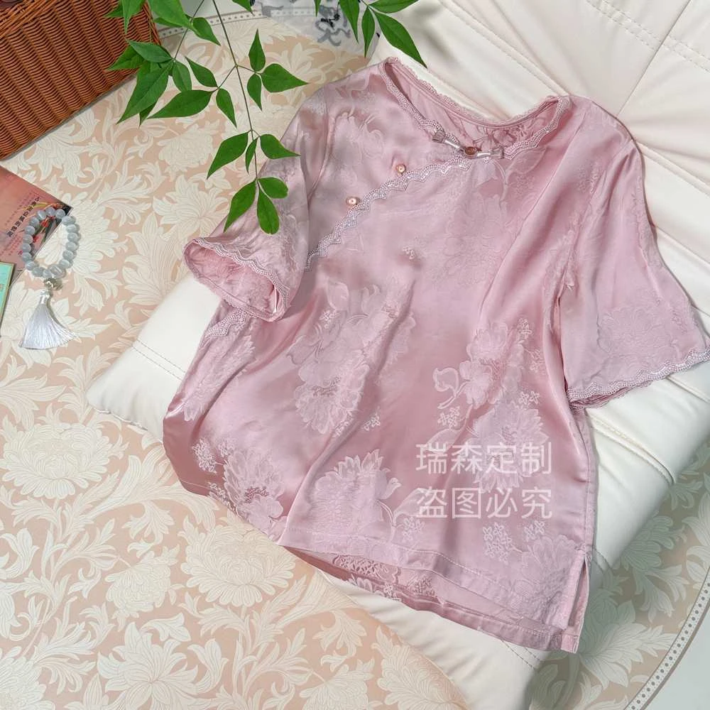 057 纯色花萝圆领盘扣T恤上衣夏季薄款-胸围100-前长56-后长59