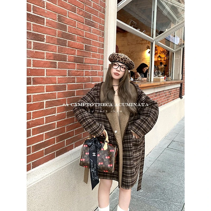 LUU桃喜儿/两穿连帽羊毛双面呢大衣外套女秋冬中长款毛呢慵懒呢子