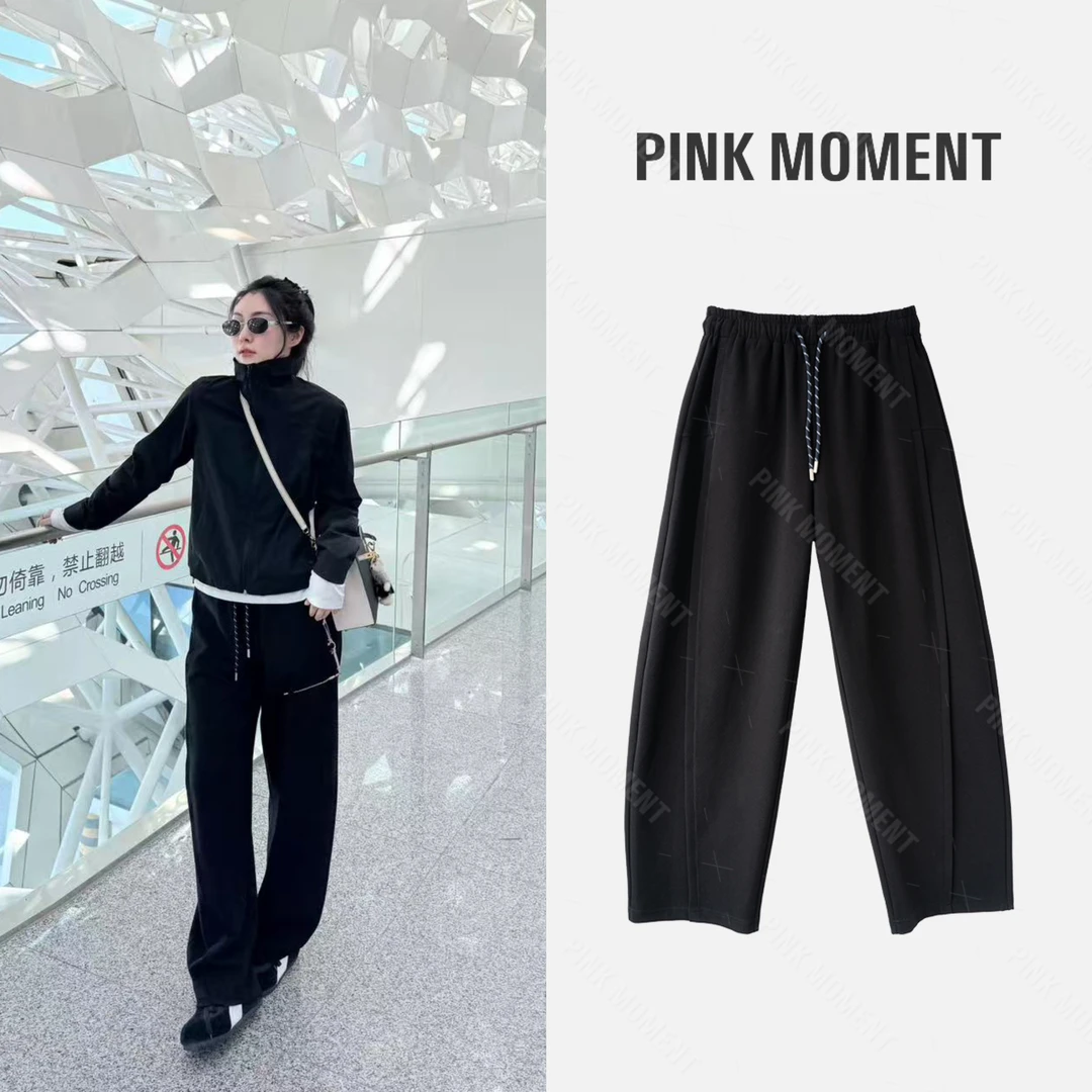 PM王囡囡 黑色高腰抽绳垂感字母直筒阔腿休闲裤 ND1C1529