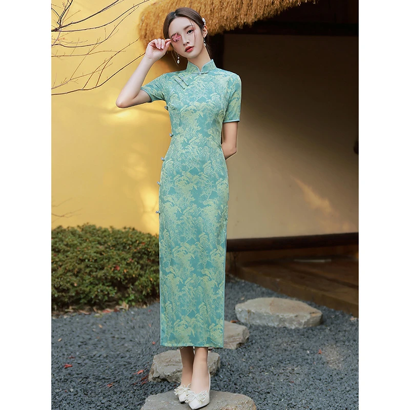 夏季长款旗袍绿色新女蚀连衣裙年轻款少女素雅气质复古骨2025民国