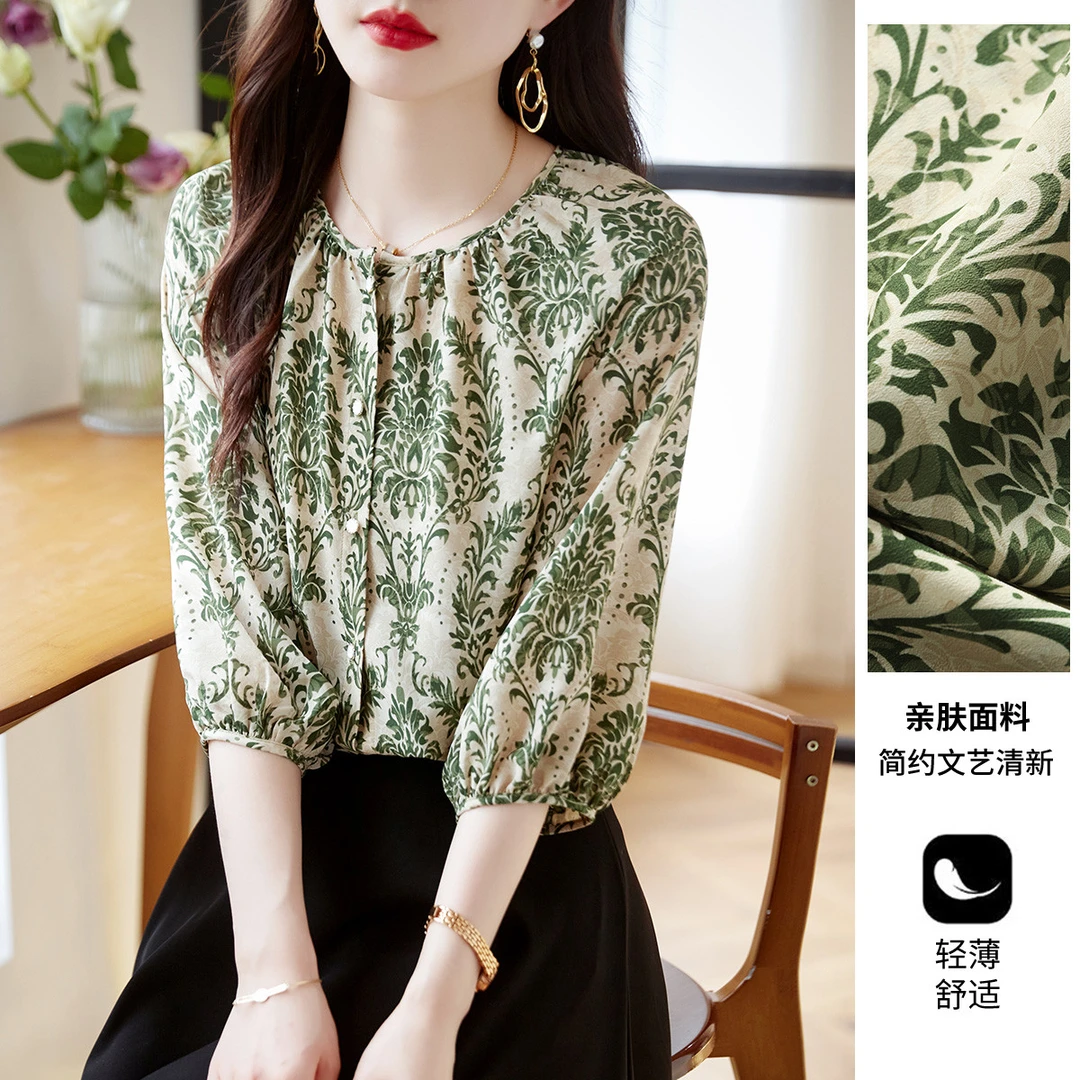 SS1138时尚复古印花衬衫上衣2025夏季款休闲通勤舒适圆领衬衣女