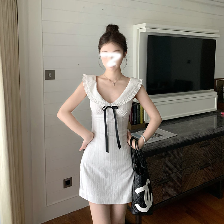 造梦少女复古蝴蝶结系带收腰连衣裙/甜系短款百搭T恤白色连衣裙