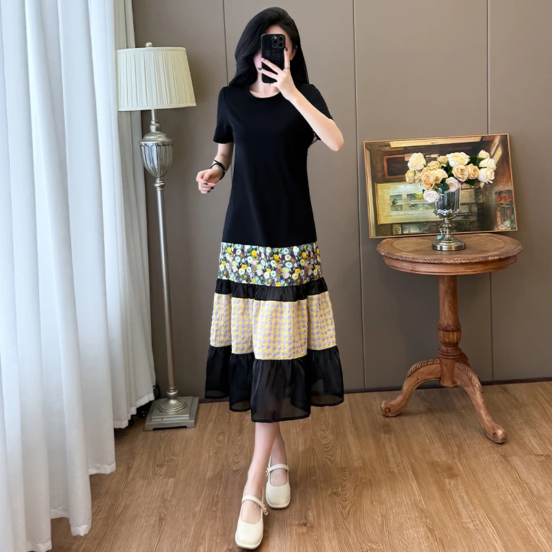 拼接连衣裙遮肉显瘦中长款大码恤裙女夏