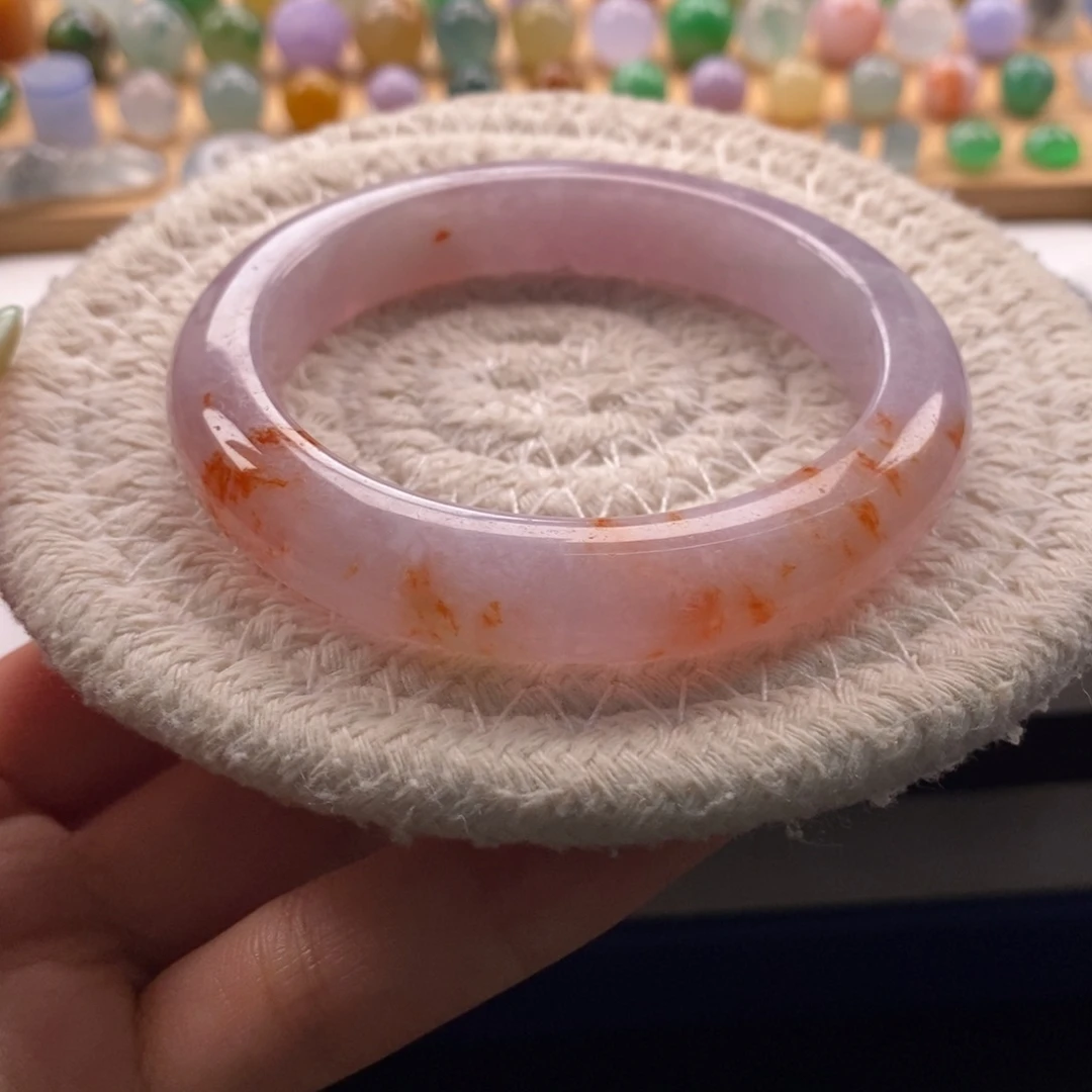 翡翠未镶嵌手镯粉底洒金特色手镯卡52+