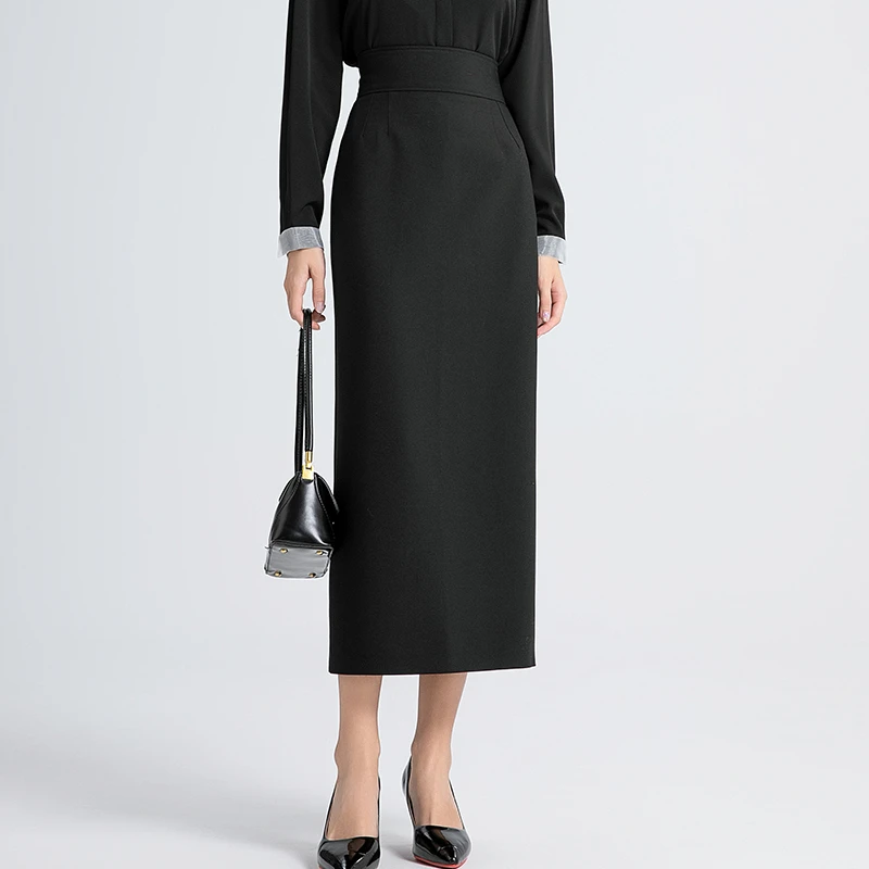 黑色高腰显瘦西装半身裙女2025秋冬新气质新款开叉收腰直筒长裙