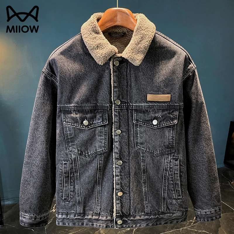 猫人羊羔加绒牛仔外套男士新款2025年冬季加厚保暖夹克耐磨牛仔衣