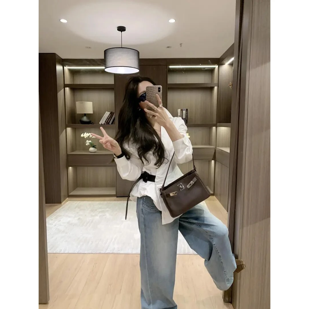 洋气衣服2025小众炸街高级感新款花苞长袖衬衫复古阔腿穿搭牛仔裤