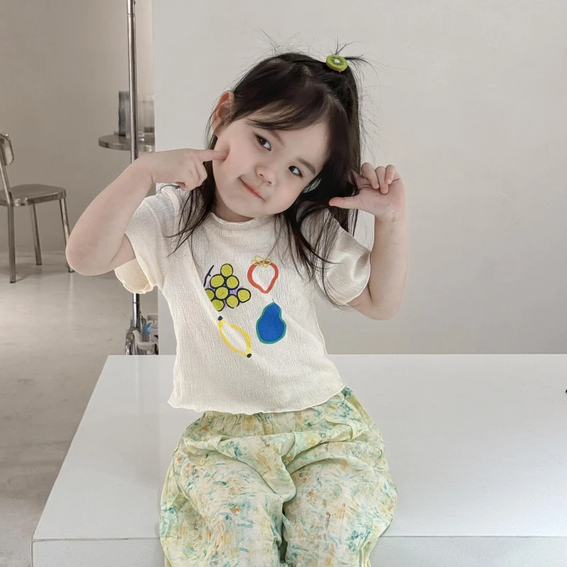 女童夏季套装夏款洋气卷边水果短款短袖防蚊裤两件套N32515