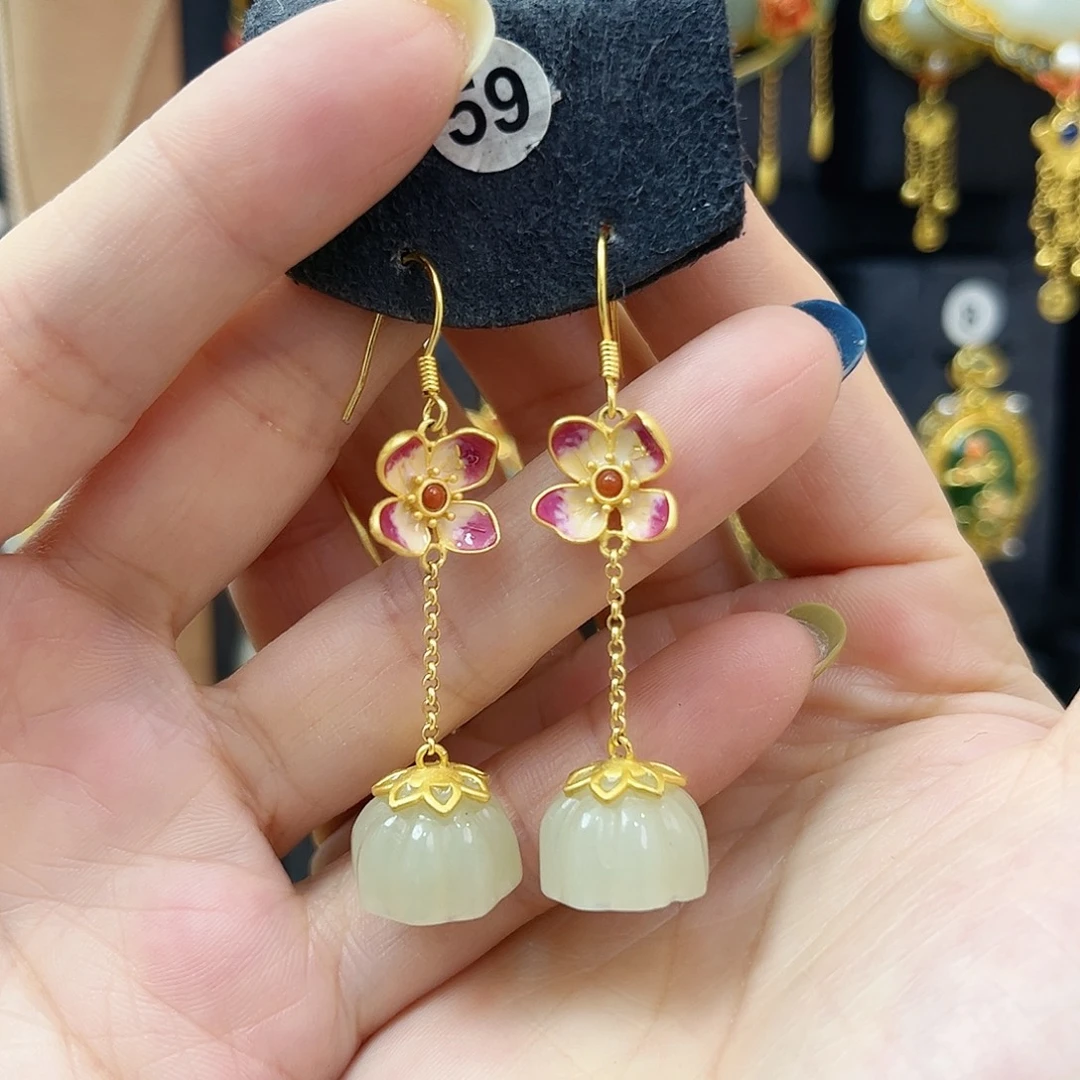 和田玉银S925镀金镶嵌耳饰