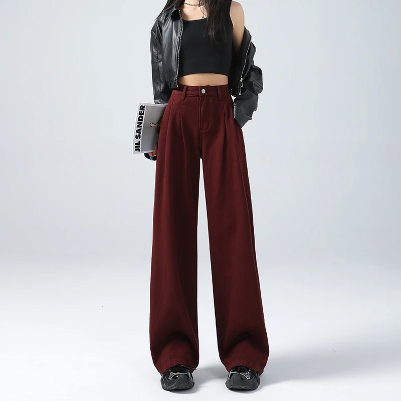 双色美拉德阔腿牛仔裤女2025秋季新款小众高腰褶皱垂感拖地裤895