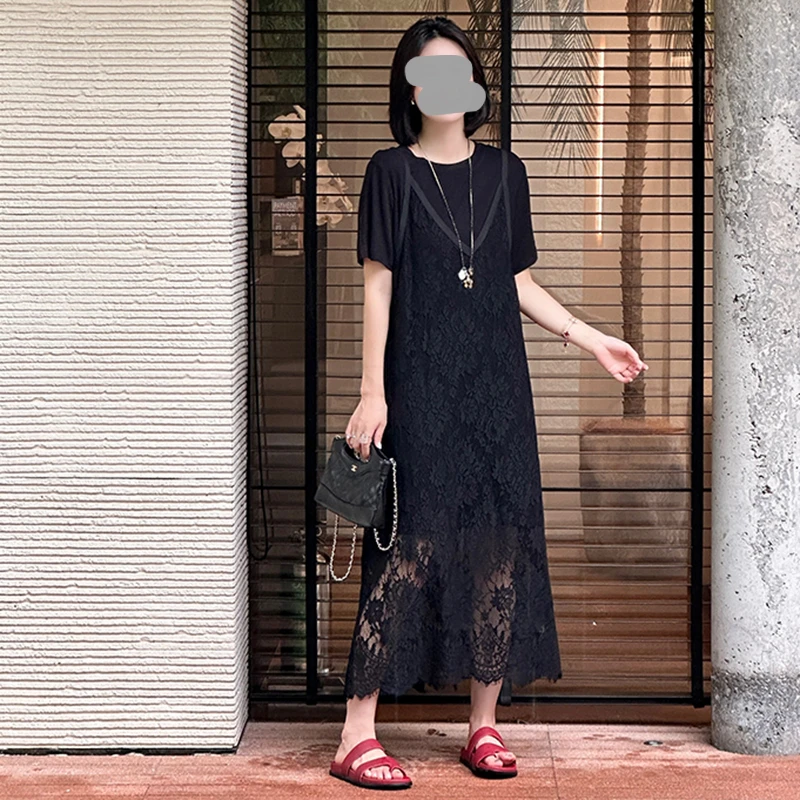 2026年夏韩系慵懒风纯色大码女装胖MM显瘦蕾丝吊带裙短袖T恤套装