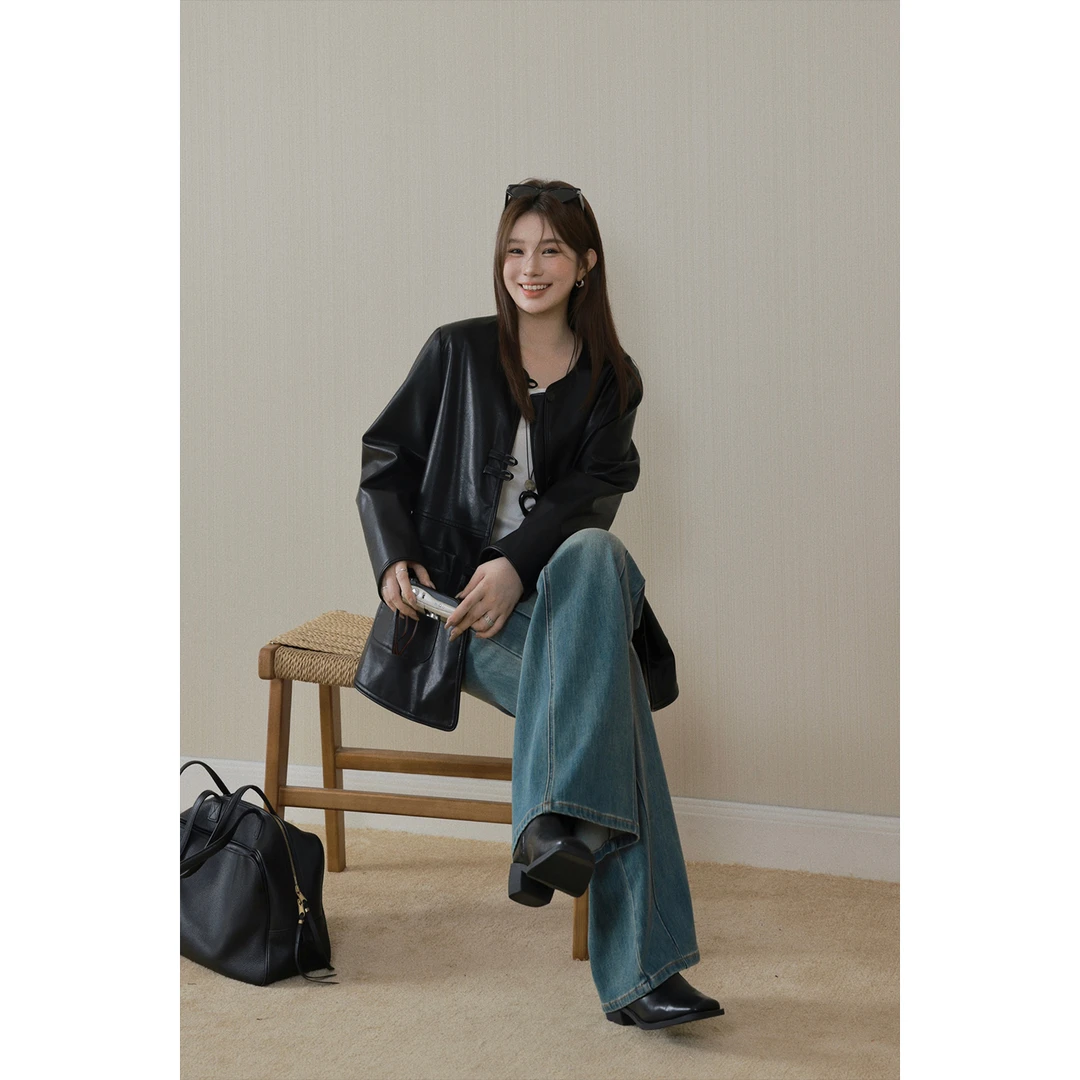 现货大婉酱微胖定制【枯笔皮衣】轻国风圆领黑色皮衣洋气外套 2613D