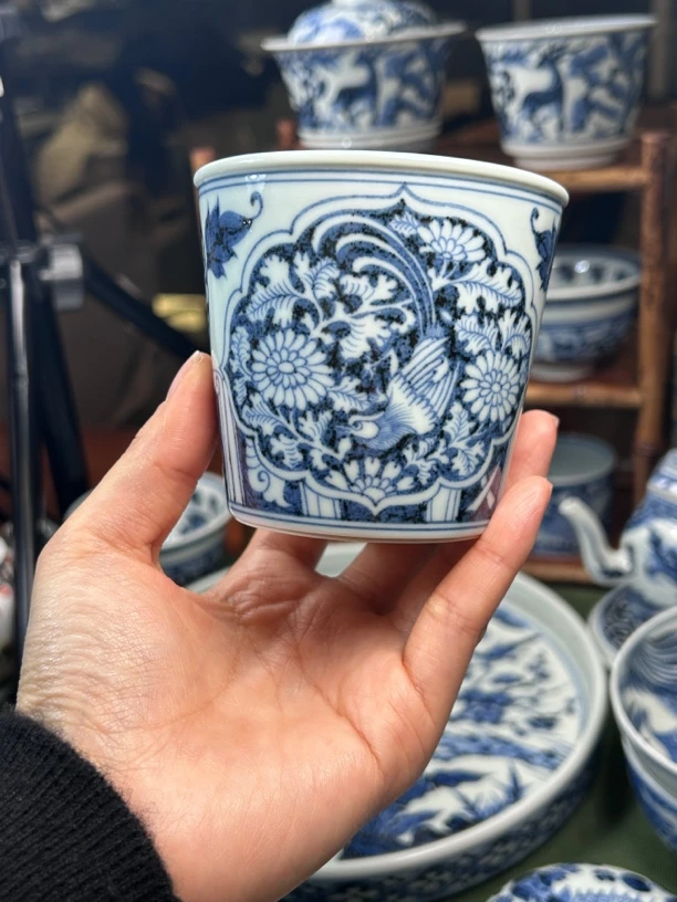 花卉锦鸡冰桶杯250ml明续幽蓝