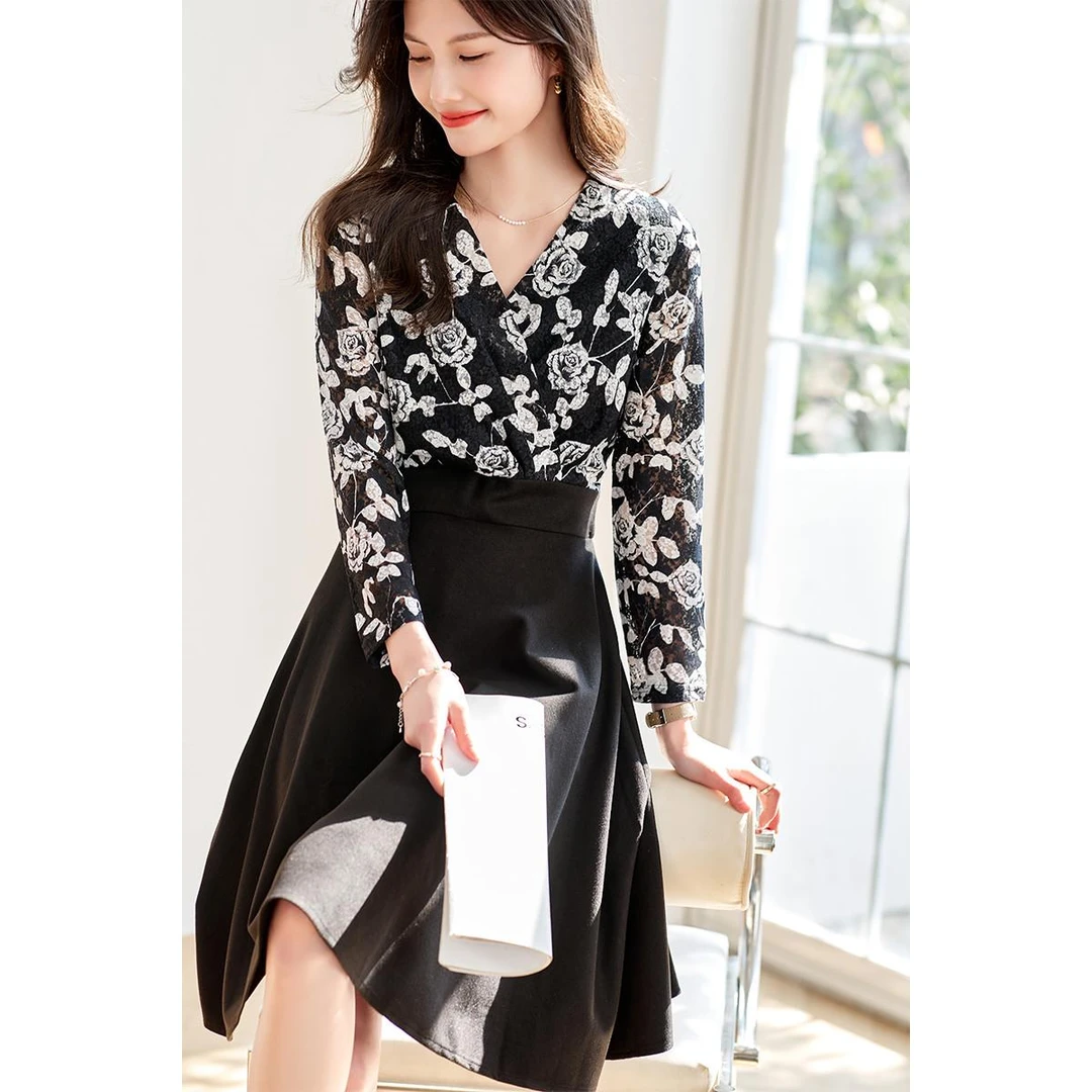 法芬图假两件高端气质超好看玫瑰印花连衣裙2025夏季新款收腰显瘦