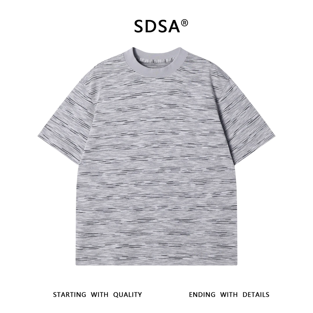 夏季高级感新款韩版竹节条纹圆领短袖T恤晕染百搭套头宽松上衣