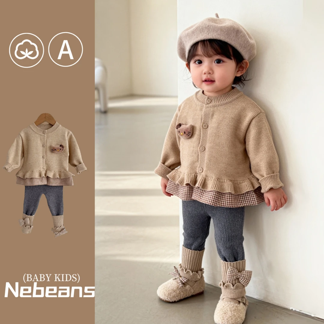 0-4岁女宝宝针织毛线套装二件套可爱KITTY小猫春秋婴儿毛线衣套装