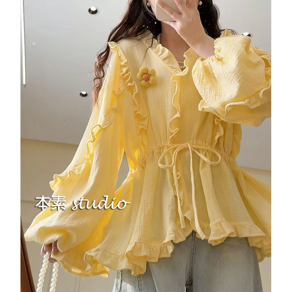 欧若拉C3470纯色荷叶边腰部抽绳V领衬衫