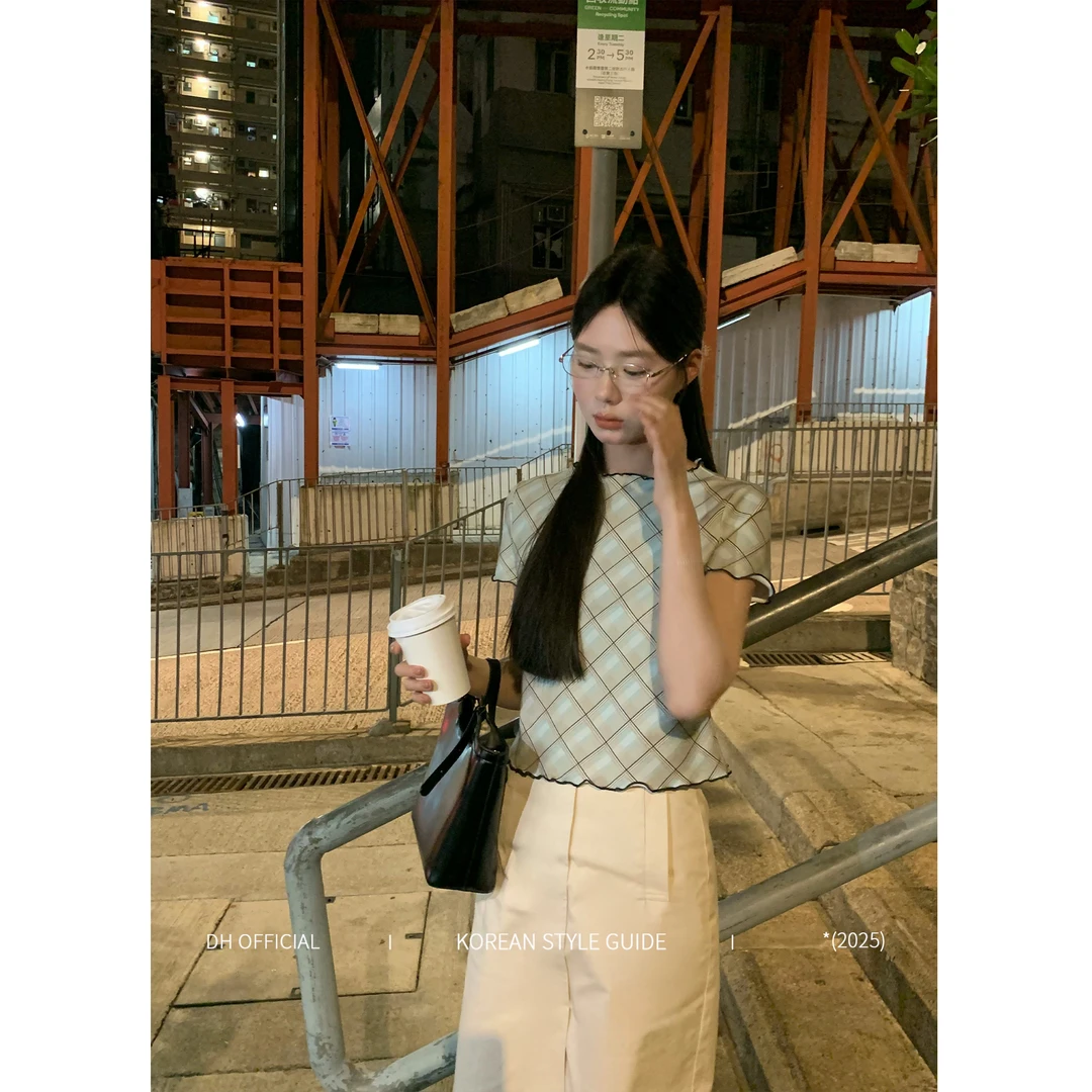 DH OFFICIAL 大花【格温 Gwen】欧若风复古千金清冷贵系撞色格纹T恤