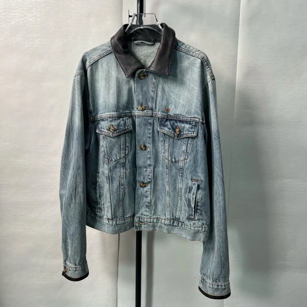 时尚经典翻领撞色拼接宽松休闲百搭长袖短款牛仔外套