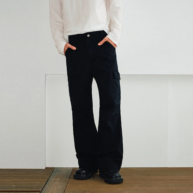 KREATE 毛边水洗做旧cargo宽松直筒微喇工装裤男美式休闲伞兵裤