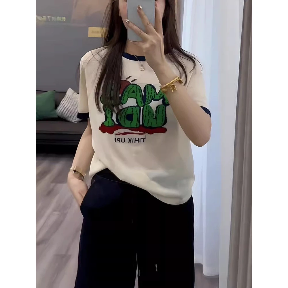 清仓福利款·韩版独特「简约仙人掌字母」撞色短袖宽松上衣女夏25037